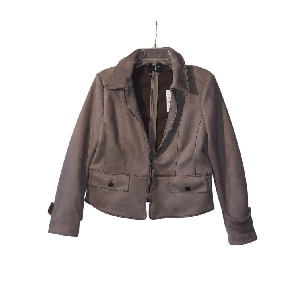 T Tahari Faux Suede Leather Crop Zip Jacket Brown Moto M - Picture 12 of 13